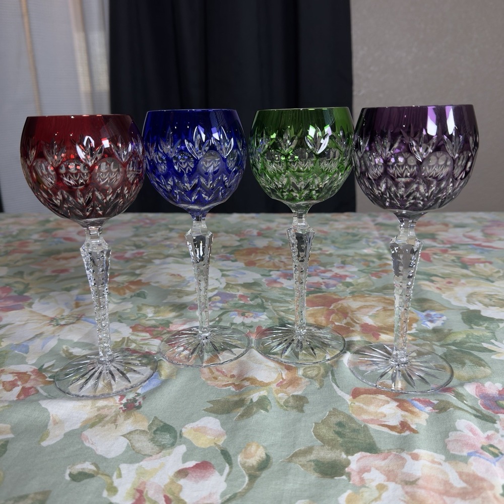 Vintage AJKA FLORDERIS Set Of 4 Hock Wine Glass Cut Clear Crystal Bohemian 8"